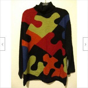 VTG 80s Jigsaw Puzzle Sweater Women Sz L Designer